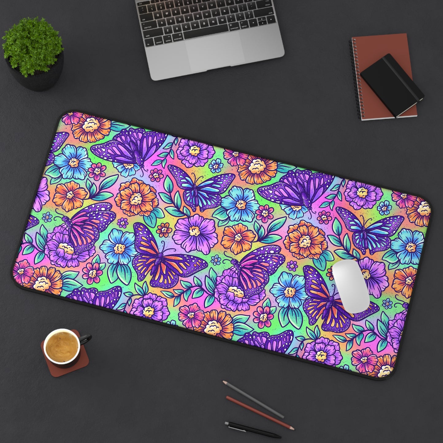 Vibrant Floral Butterfly Desk Mat