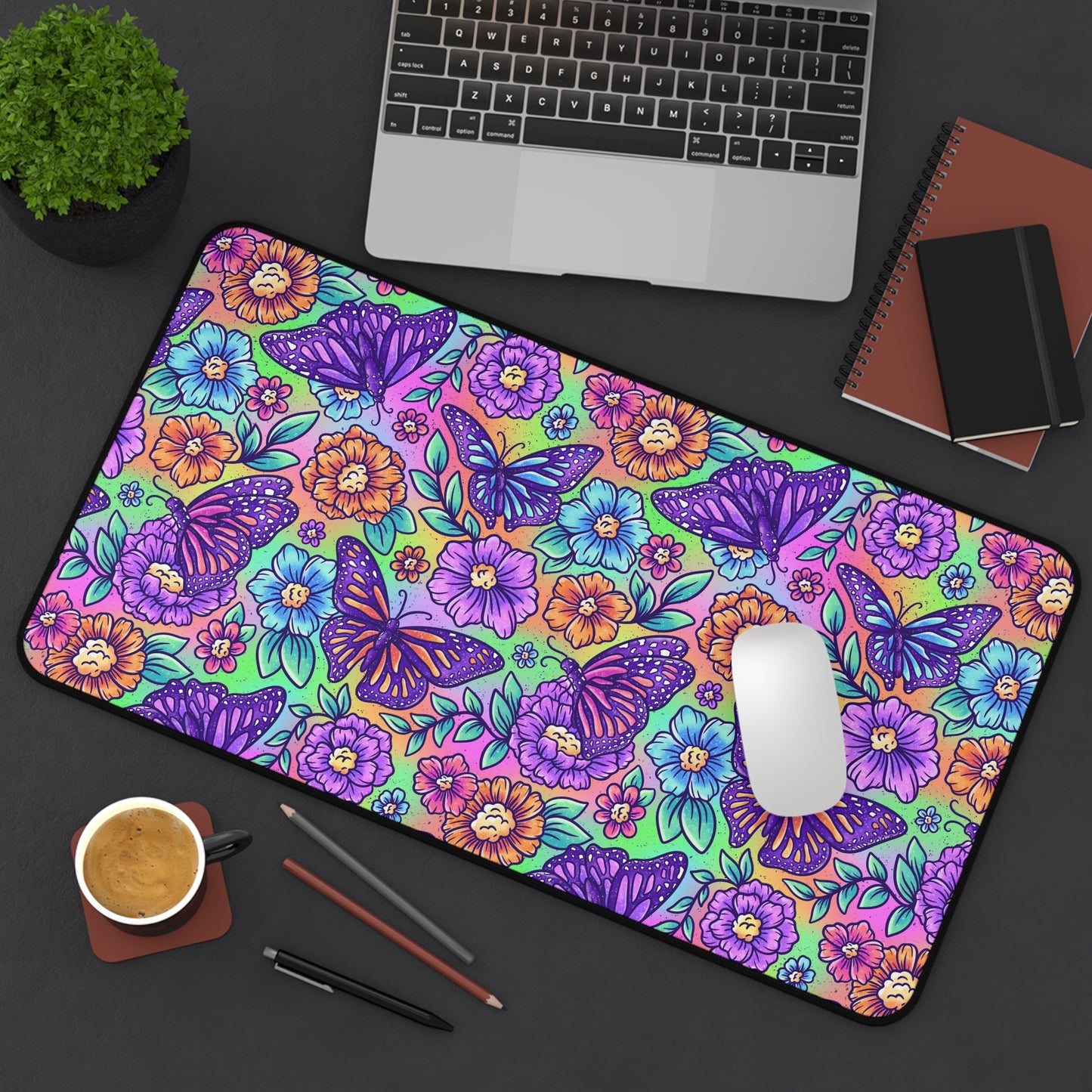 Vibrant Floral Butterfly Desk Mat