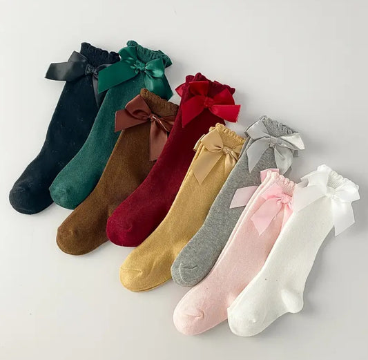 8 Pairs of Girl's Knee-high Socks with Bow Soft Non-Slip