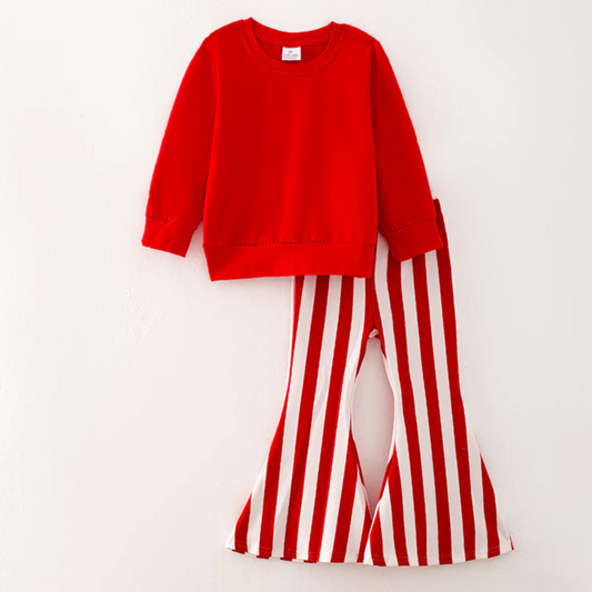 GIRLS CHRISTMAS RED TOP STRIPE PANTS SET